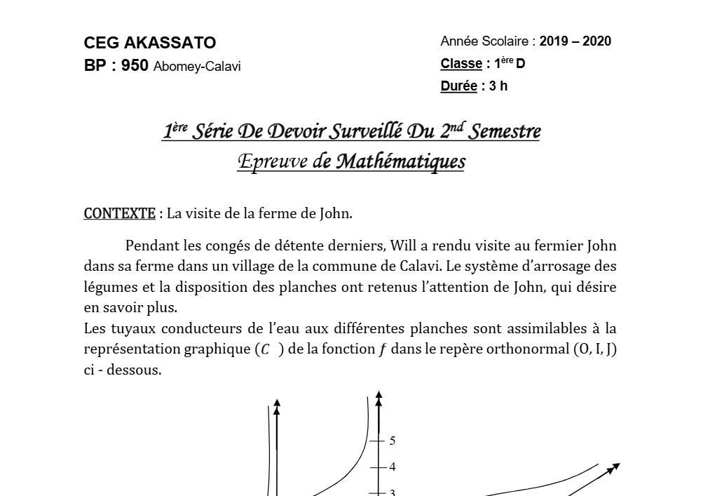 Aperçu de la première page — 1ère D Mathématiques Devoir 1 Semestre 2 CEG Akassato 2019 2020