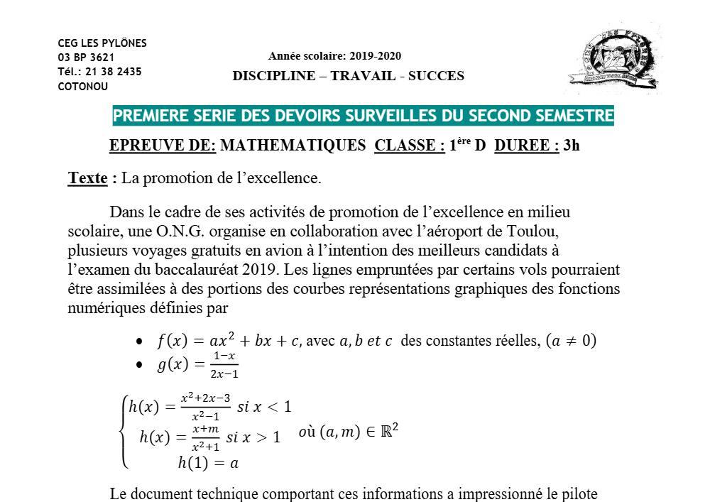Aperçu de la première page — 1ère D Mathématiques Devoir 1 Semestre 2 CEG Les Pylônes 2019 2020