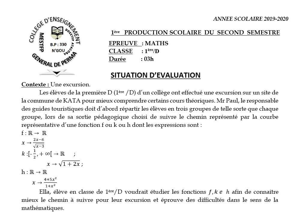 Aperçu de la première page — 1ère D Mathématiques Devoir 1 Semestre 2 CEG Perma 2019 2020