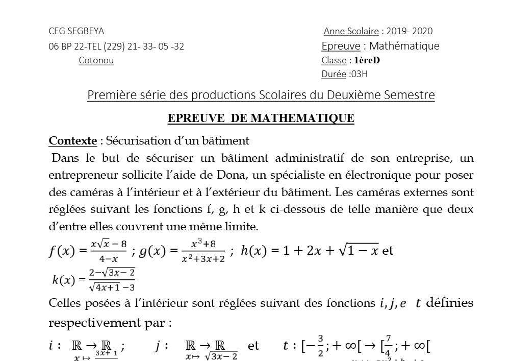 Aperçu de la première page — 1ère D Mathématiques Devoir 1 Semestre 2 CEG Ségbéya 2019 2020