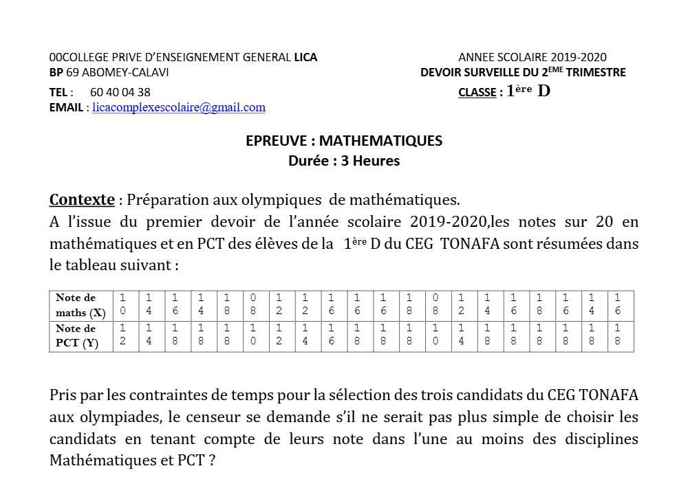 Aperçu de la première page — 1ère D Mathématiques Devoir 1 Trimestre 2 CPEG Lica 2019 2020