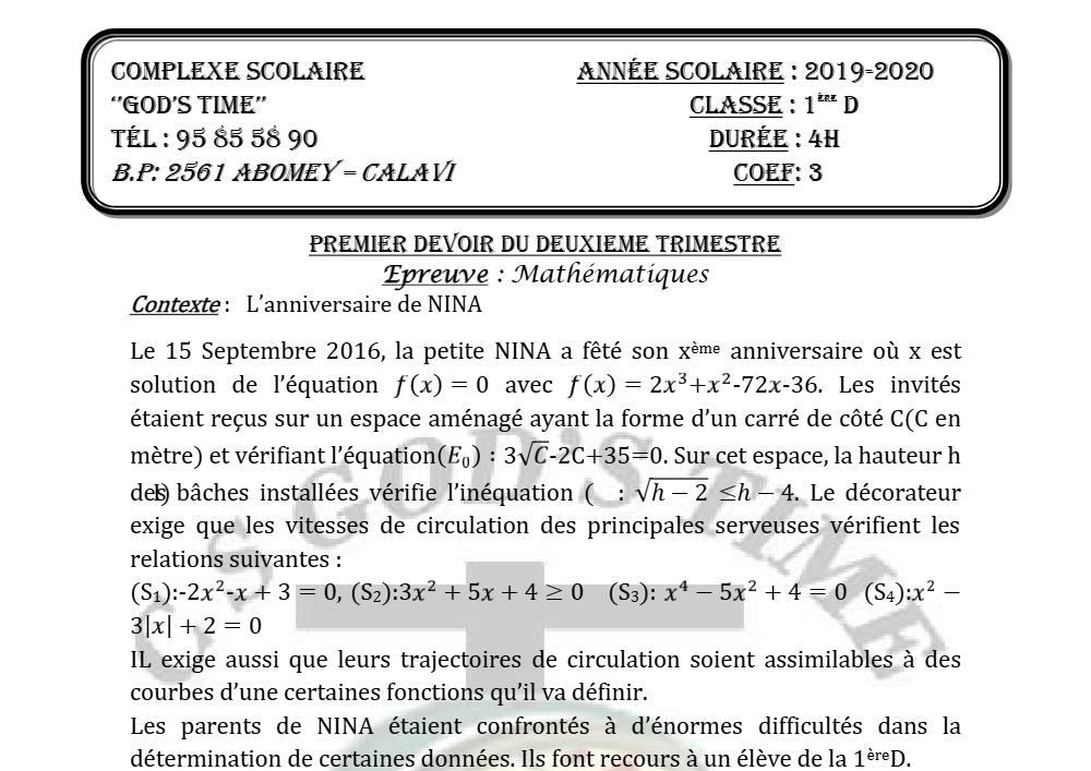 Aperçu de la première page — 1ère D Mathématiques Devoir 1 Trimestre 2 CS God'S Time 2019 2020