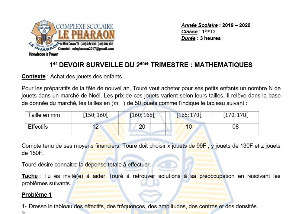 Aperçu de la première page — 1ère D Mathématiques Devoir 1 Trimestre 2 CS Le Pharaon 2019 2020