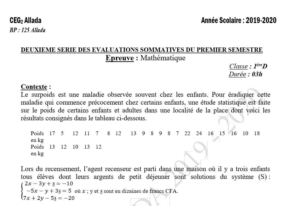 Aperçu de la première page — 1ère D Mathématiques Devoir 2 Semestre 1 CEG2 Allada 2019 2020