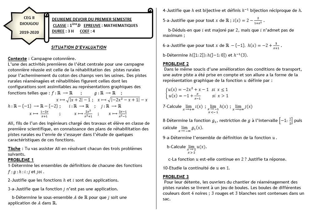 Aperçu de la première page — 1ère D Mathématiques Devoir 2 Semestre 1 CEG2 Djougou 2019 2020