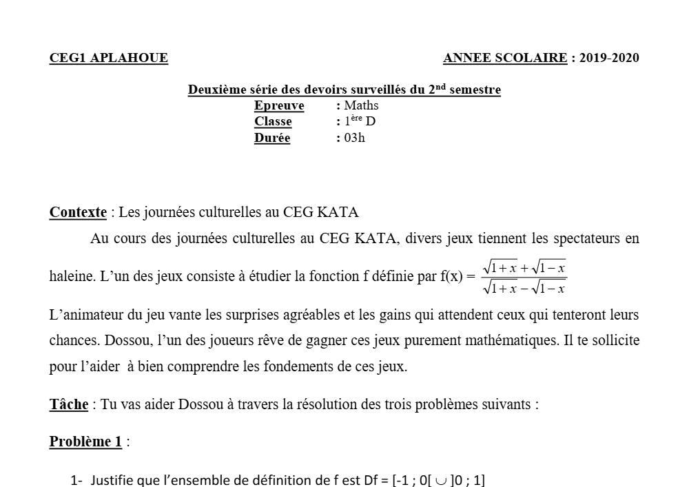 Aperçu de la première page — 1ère D Mathématiques Devoir 2 Semestre 2 CEG1 Aplahoué 2019 2020