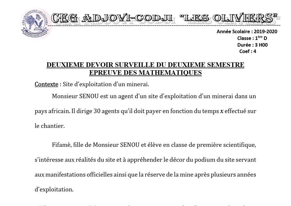 Aperçu de la première page — 1ère D Mathématiques Devoir 2 Semestre 2 CEG Adjovi Codji 2019 2020