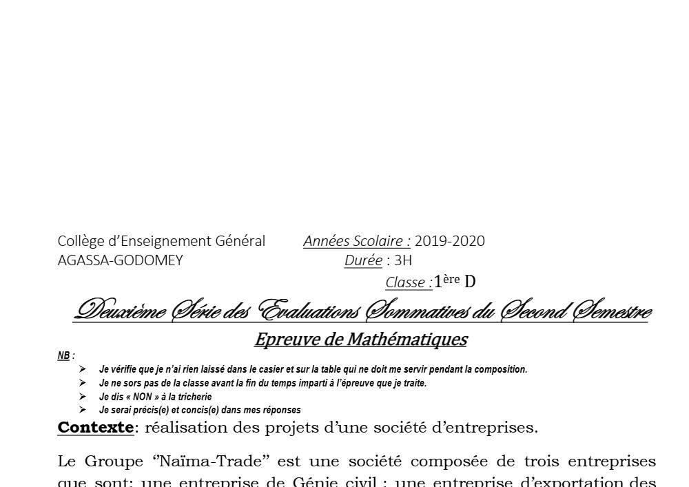 Aperçu de la première page — 1ère D Mathématiques Devoir 2 Semestre 2 CEG Agassa Godomey 2019 2020