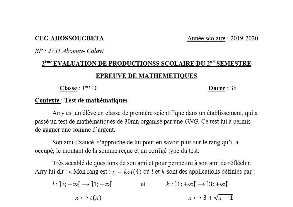 Aperçu de la première page — 1ère D Mathématiques Devoir 2 Semestre 2 CEG Ahossogbeta 2019 2020