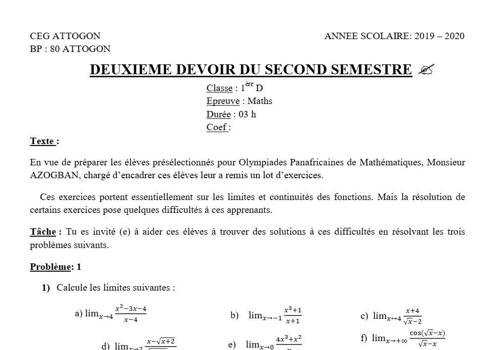 Aperçu de la première page — 1ère D Mathématiques Devoir 2 Semestre 2 CEG Attogon 2019 2020