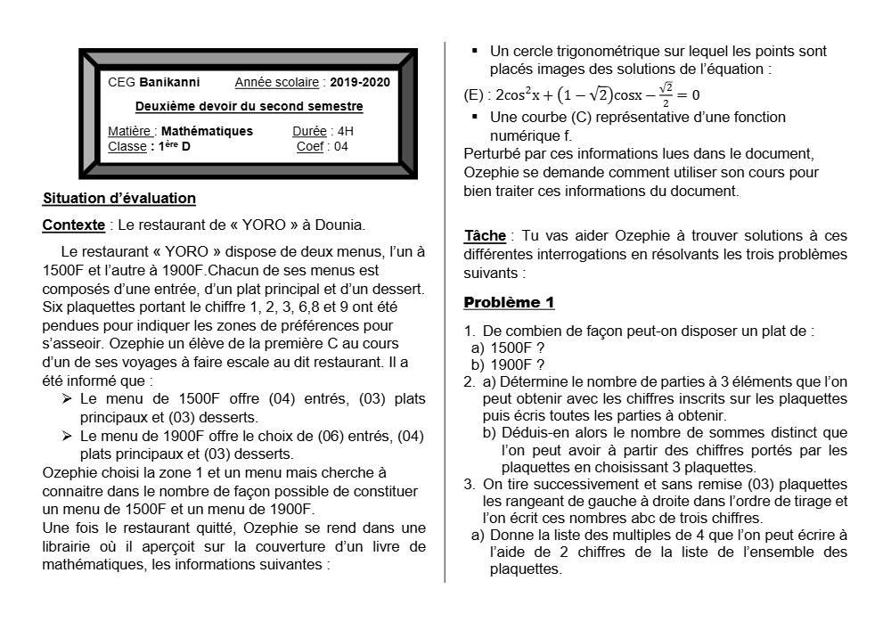 Aperçu de la première page — 1ère D Mathématiques Devoir 2 Semestre 2 CEG Banikanni 2019 2020