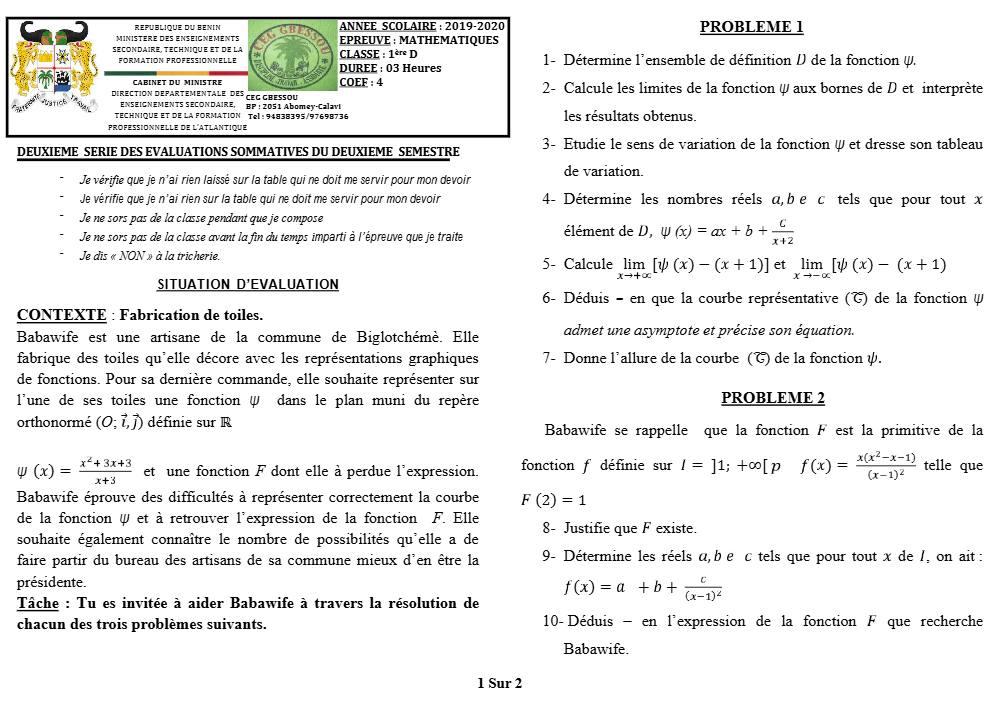 Aperçu de la première page — 1ère D Mathématiques Devoir 2 Semestre 2 CEG Gbessou 2019 2020