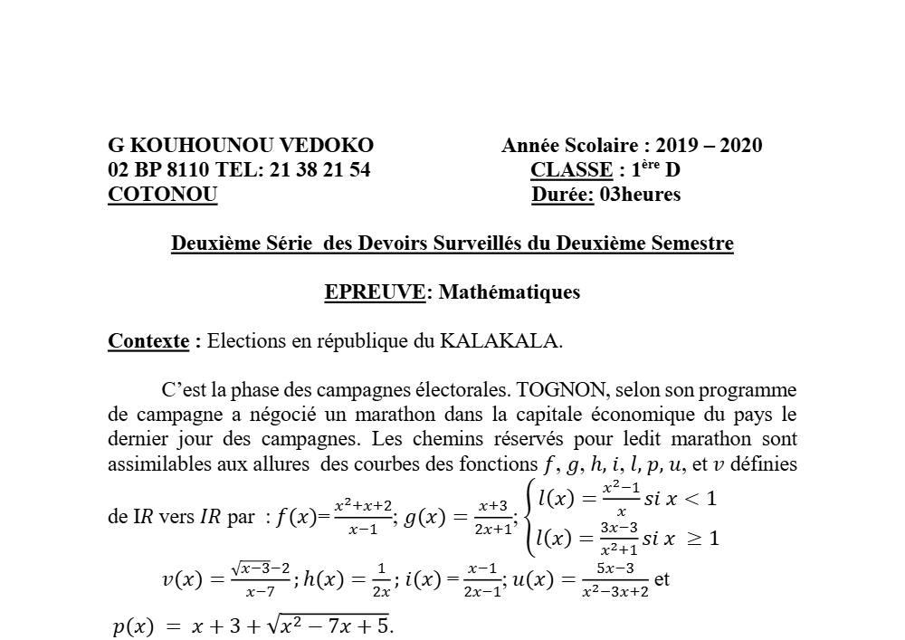 Aperçu de la première page — 1ère D Mathématiques Devoir 2 Semestre 2 CEG Kouhounou 2019 2020