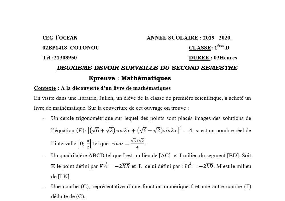 Aperçu de la première page — 1ère D Mathématiques Devoir 2 Semestre 2 CEG L'Ocean 2019 2020