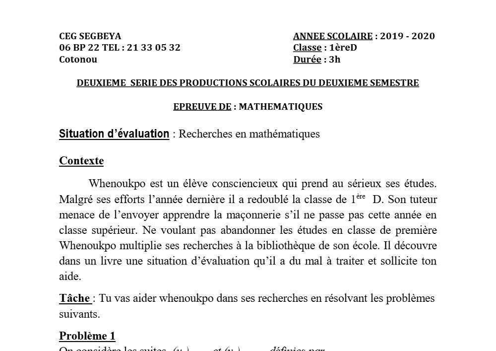 Aperçu de la première page — 1ère D Mathématiques Devoir 2 Semestre 2 CEG Ségbéya 2019 2020