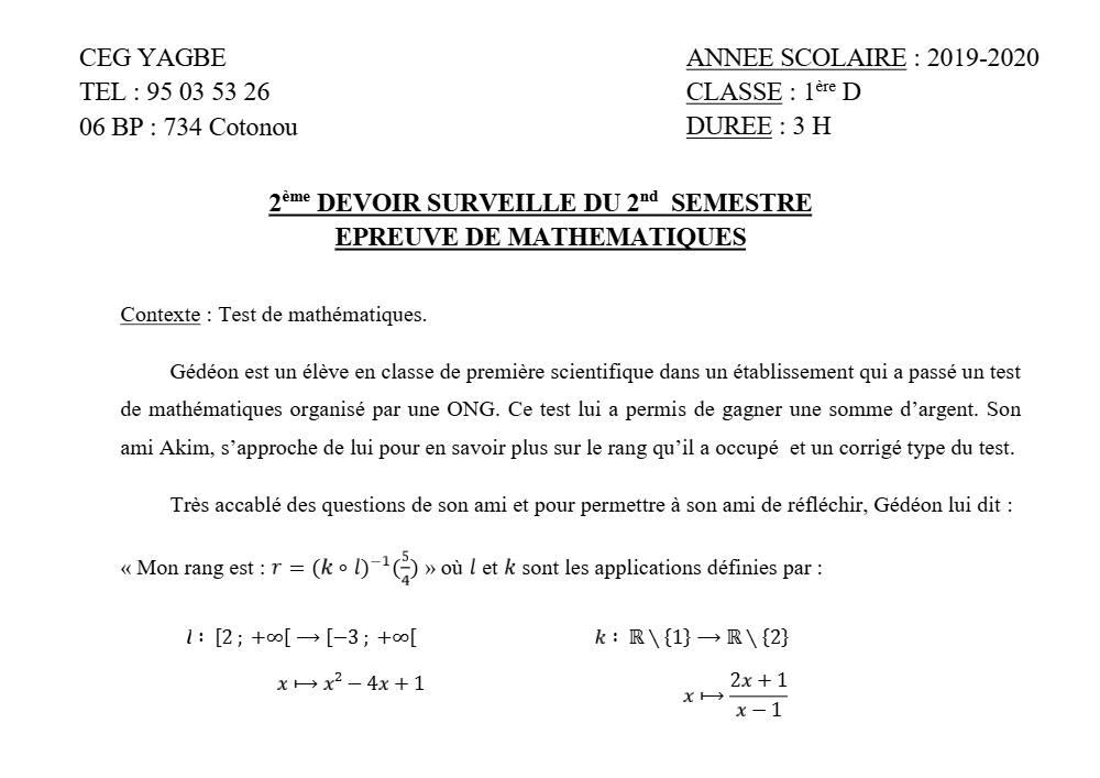 Aperçu de la première page — 1ère D Mathématiques Devoir 2 Semestre 2 CEG Yagbe 2019 2020