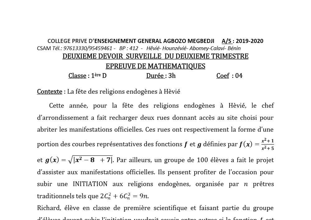 Aperçu de la première page — 1ère D Mathématiques Devoir 2 Trimestre 2 CS Agbozo Megbedji 2019 2020