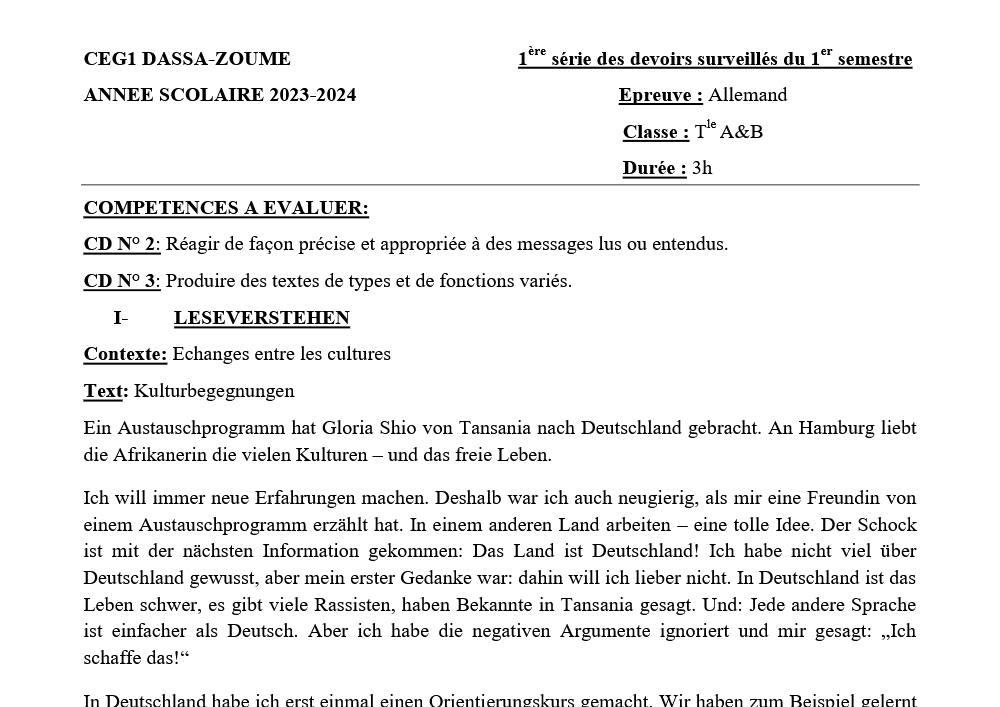 Aperçu de la première page — Tle A&B - 1er devoir du 1er semestre - Allemand, CEG1 Dassa