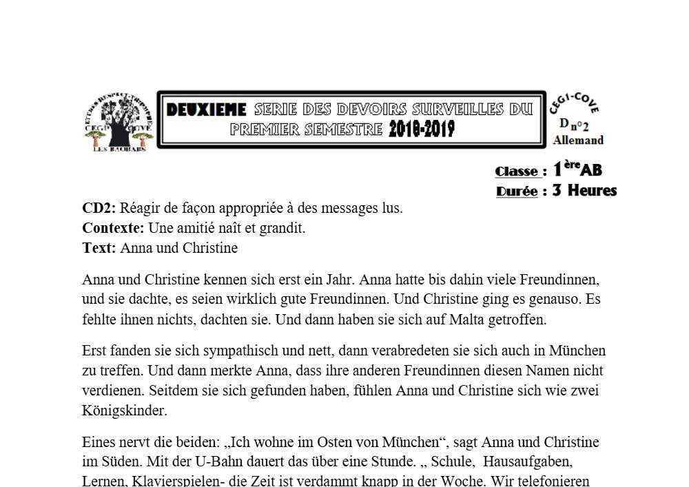 Aperçu de la première page — 2nde Allemand Devoir 2 Semestre 1 1ere Ab CEG1 Cove 2018 2019