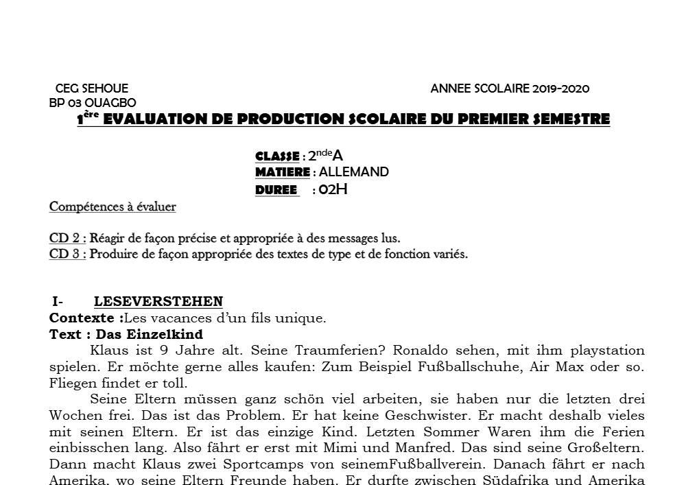 Aperçu de la première page — 2nde A Allemand Devoir 1 Semestre 1 CEG Sehoue 2019 2020
