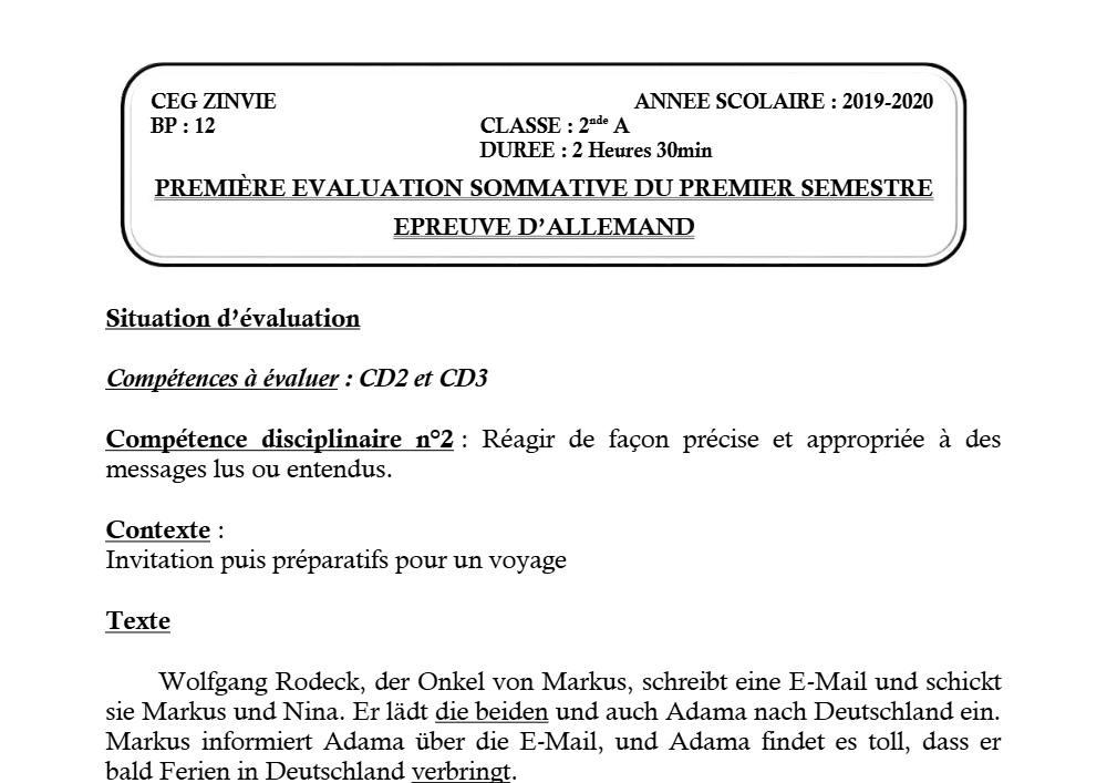 Aperçu de la première page — 2nde A Allemand Devoir 1 Semestre 1 CEG Zinvié 2019 2020