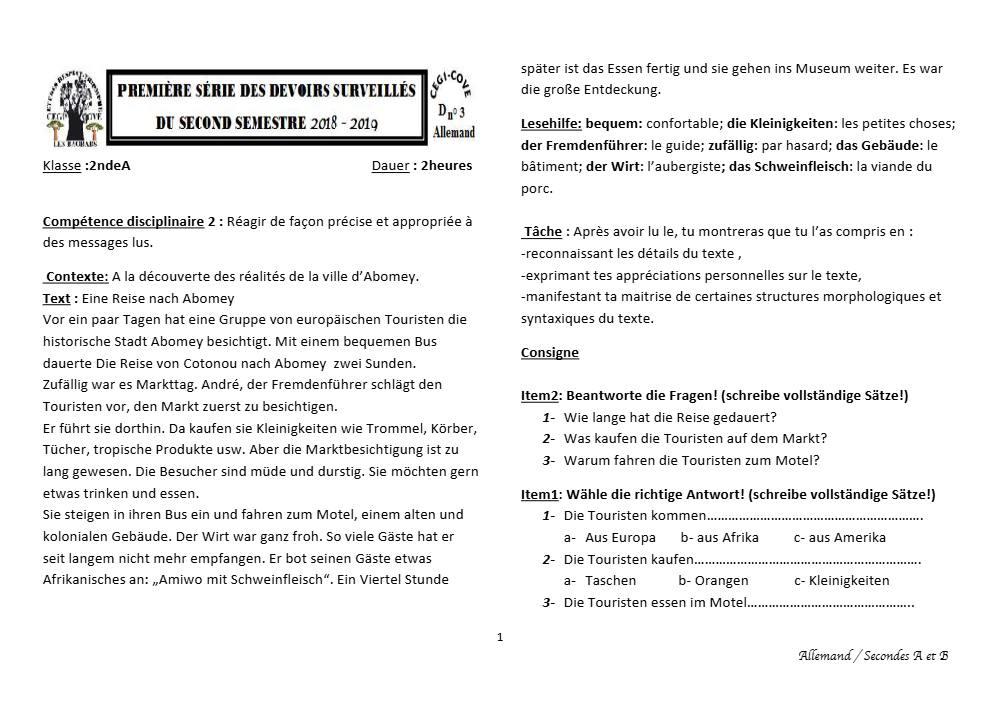 Aperçu de la première page — 2nde A Allemand Devoir 1 Semestre 2 CEG1 Cove 2018 2019