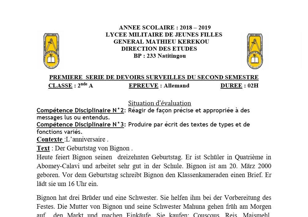 Aperçu de la première page — 2nde A Allemand Devoir 1 Semestre 2 Lmjf de Natitingou 2018 2019