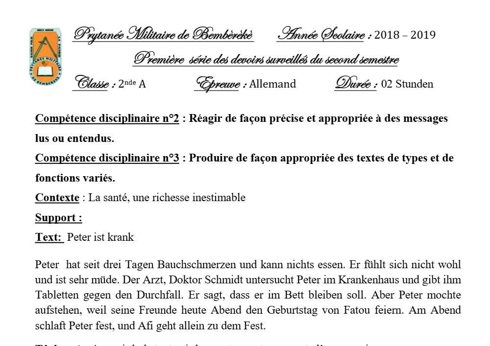 Aperçu de la première page — 2nde A Allemand Devoir 1 Semestre 2 Prytanee Militaire de Bembereke 2018 2019