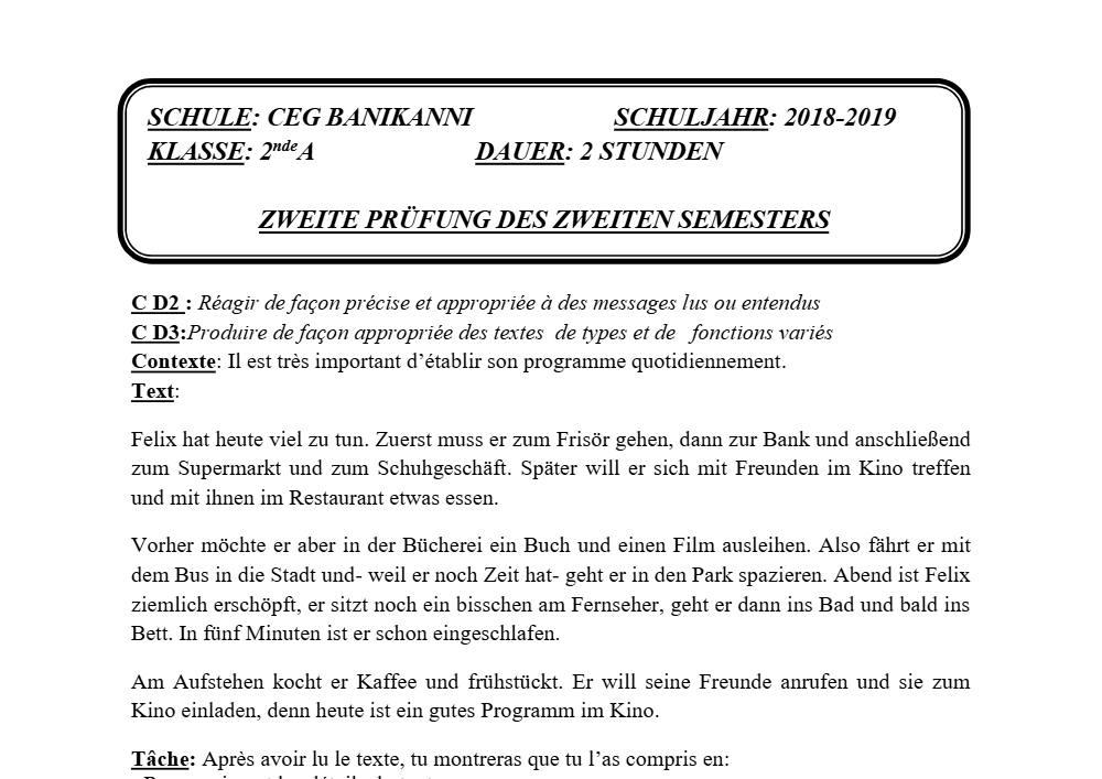 Aperçu de la première page — 2nde A Allemand Devoir 2 Semestre 2 CEG Banikanni 2018 2019