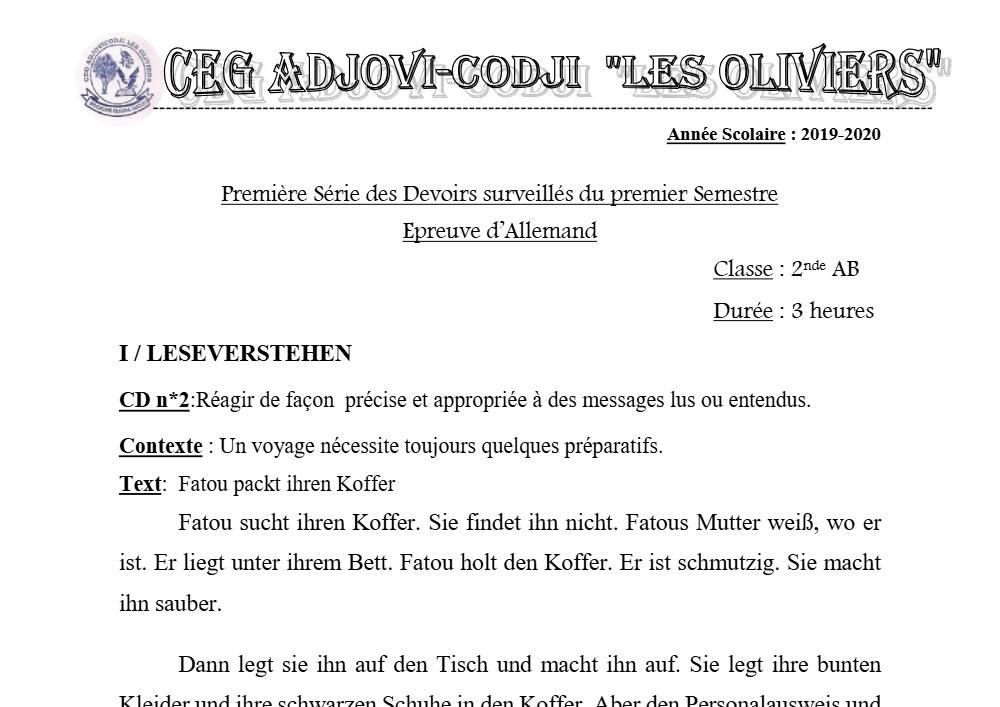 Aperçu de la première page — 2nde AB Allemand Devoir 1 Semestre 1 CEG Adjovi Codji 2019 2020