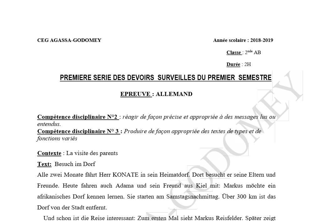 Aperçu de la première page — 2nde AB Allemand Devoir 1 Semestre 1 CEG Agassa Godomey 2018 2019