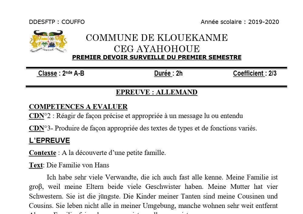 Aperçu de la première page — 2nde AB Allemand Devoir 1 Semestre 1 CEG Ayahohoue 2019 2020
