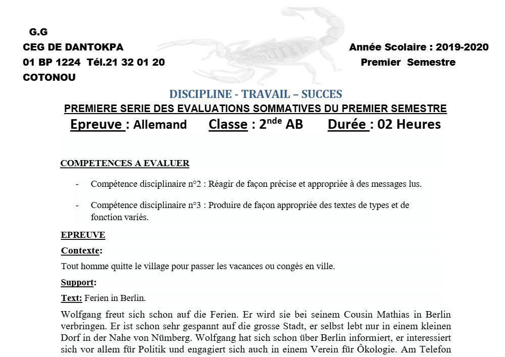 Aperçu de la première page — 2nde AB Allemand Devoir 1 Semestre 1 CEG Dantokpa 2019 2020