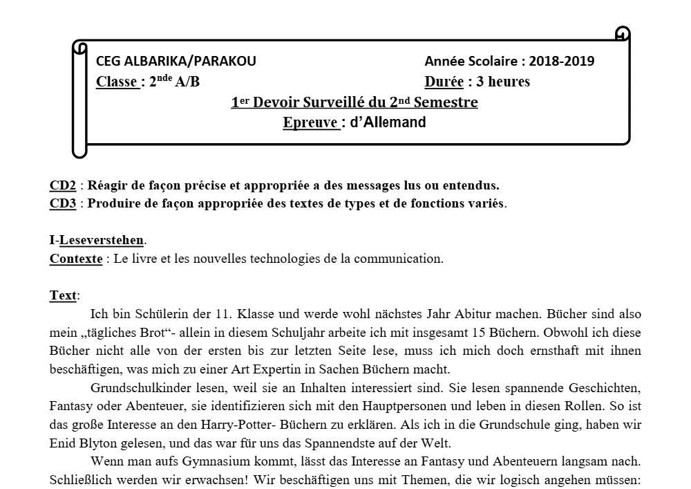 Aperçu de la première page — 2nde AB Allemand Devoir 1 Semestre 2 CEG Albarika 2018 2019