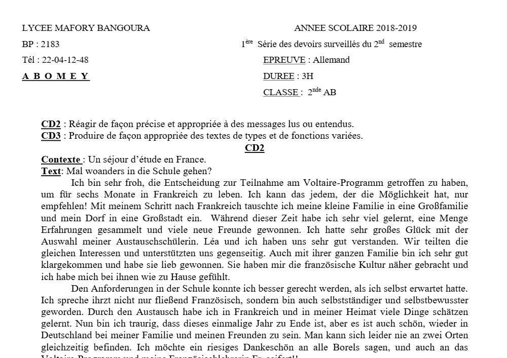 Aperçu de la première page — 2nde AB Allemand Devoir 1 Semestre 2 Lycée Mafory Bangoura 2018 2019
