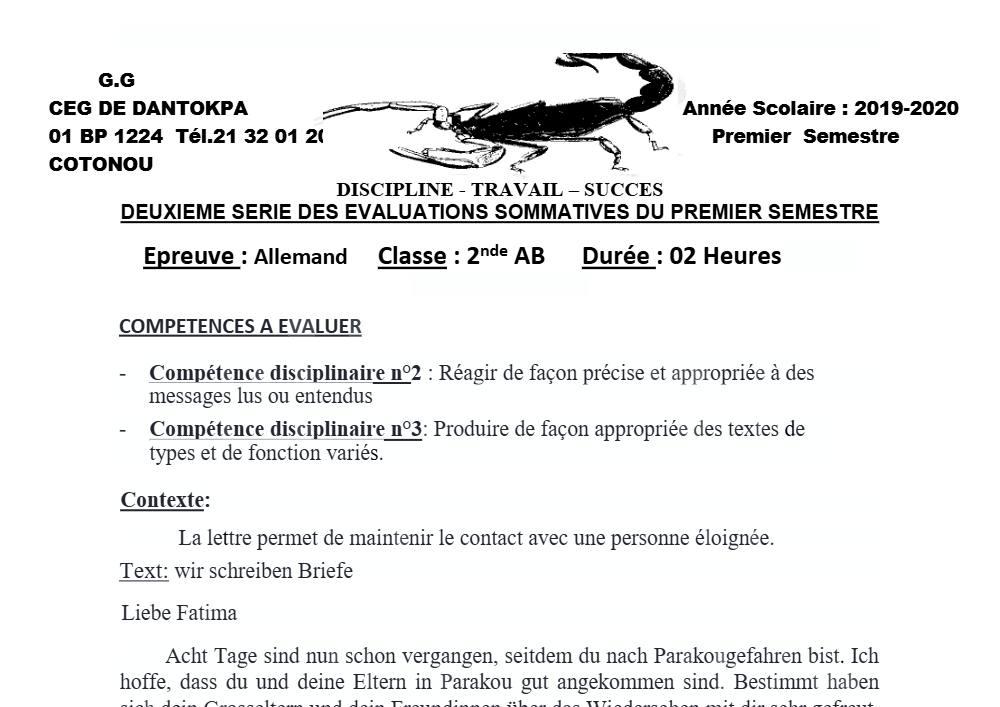 Aperçu de la première page — 2nde AB Allemand Devoir 2 Semestre 1 CEG Dantokpa 2 2019 2020