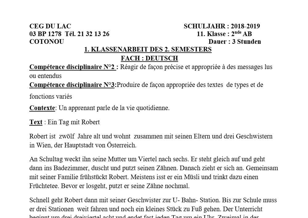 Aperçu de la première page — 2nde AB Allemand Devoir 2 Semestre 1 CEG du Lac 2018 2019