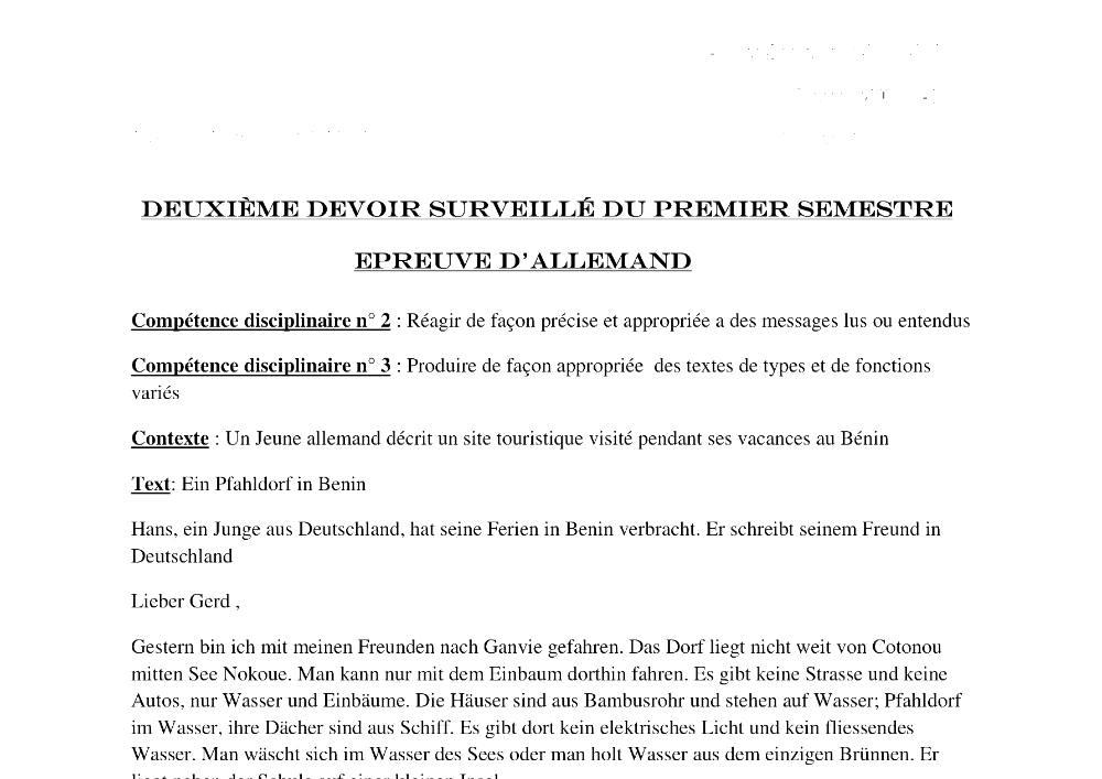 Aperçu de la première page — 2nde AB Allemand Devoir 2 Semestre 1 CEG Ocean 2017 2018