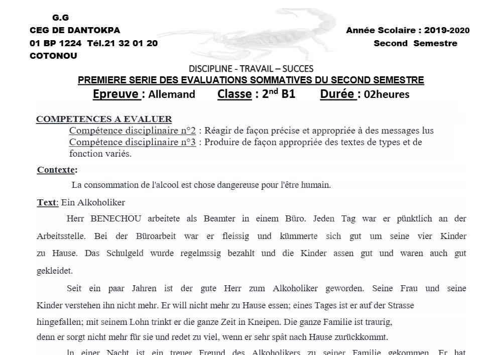 Aperçu de la première page — 2nde B Allemand Devoir 1 Semestre 2 CEG Dantokpa 2019 2020 (2)