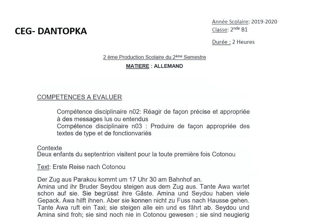 Aperçu de la première page — 2nde B Allemand Devoir 2 Semestre 2 CEG Dantokpa 2 2019 2020