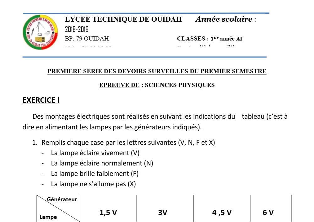 Aperçu de la première page — 1ère Physique Chimie Technologie Devoir 1 Semestre 1 Annee Lycée Technique de Ouidah 2018 2019