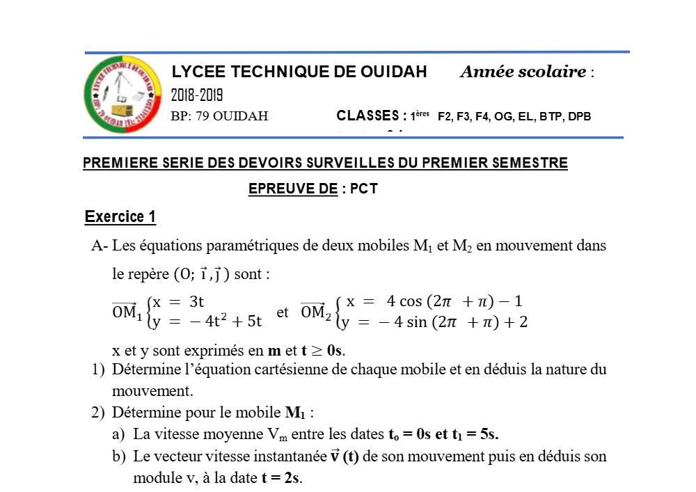 Aperçu de la première page — 1ère Physique Chimie Technologie Devoir 1 Semestre 1 Lycée Technique de Ouidah 2018 2019