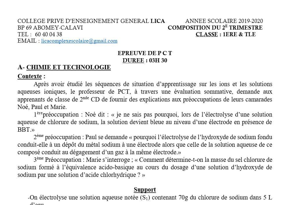 Aperçu de la première page — 1ère Physique Chimie Technologie Devoir 1 Trimestre 2 Tle CPEG Lica 2019 2020