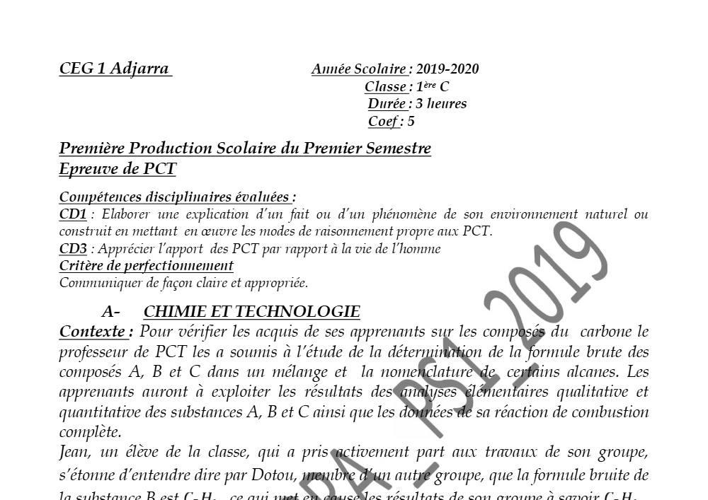 Aperçu de la première page — 1ère C Physique Chimie Technologie Devoir 1 Semestre 1 CEG1 Adjarra 2019 2020