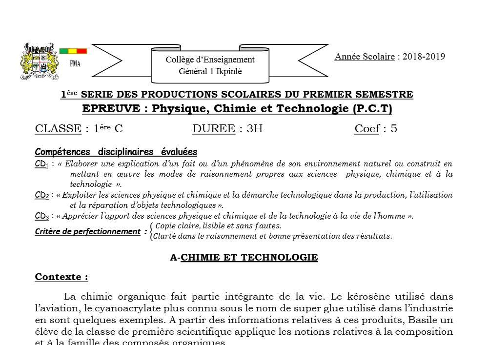 Aperçu de la première page — 1ère C Physique Chimie Technologie Devoir 1 Semestre 1 CEG1 Ikpinlè 2018 2019