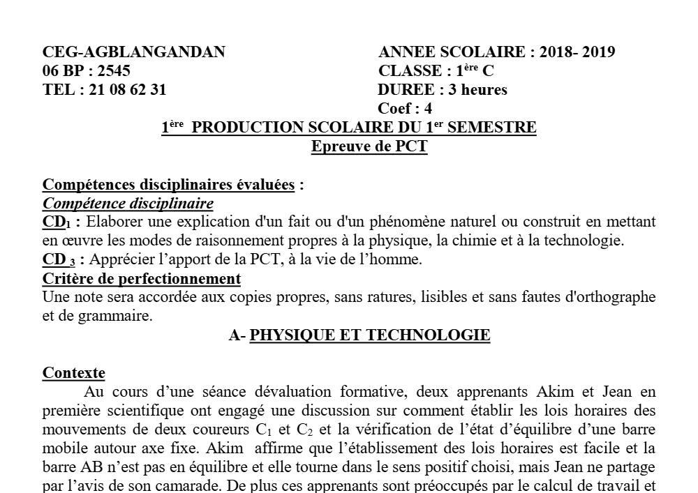 Aperçu de la première page — 1ère C Physique Chimie Technologie Devoir 1 Semestre 1 CEG Agblangandan 2018 2019