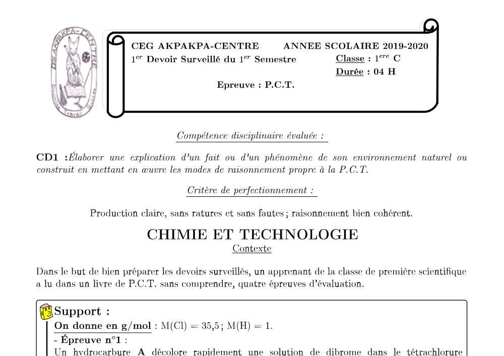Aperçu de la première page — 1ère C Physique Chimie Technologie Devoir 1 Semestre 1 CEG Akpakpa 2019 2020