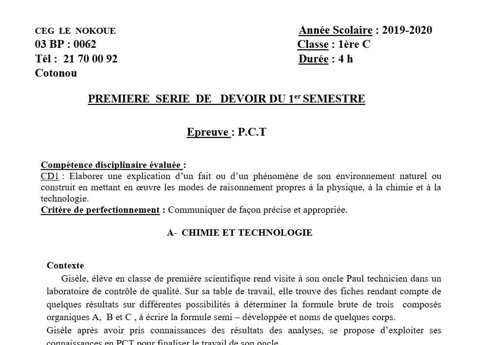 Aperçu de la première page — 1ère C Physique Chimie Technologie Devoir 1 Semestre 1 CEG Le Nokoué 2019 2020