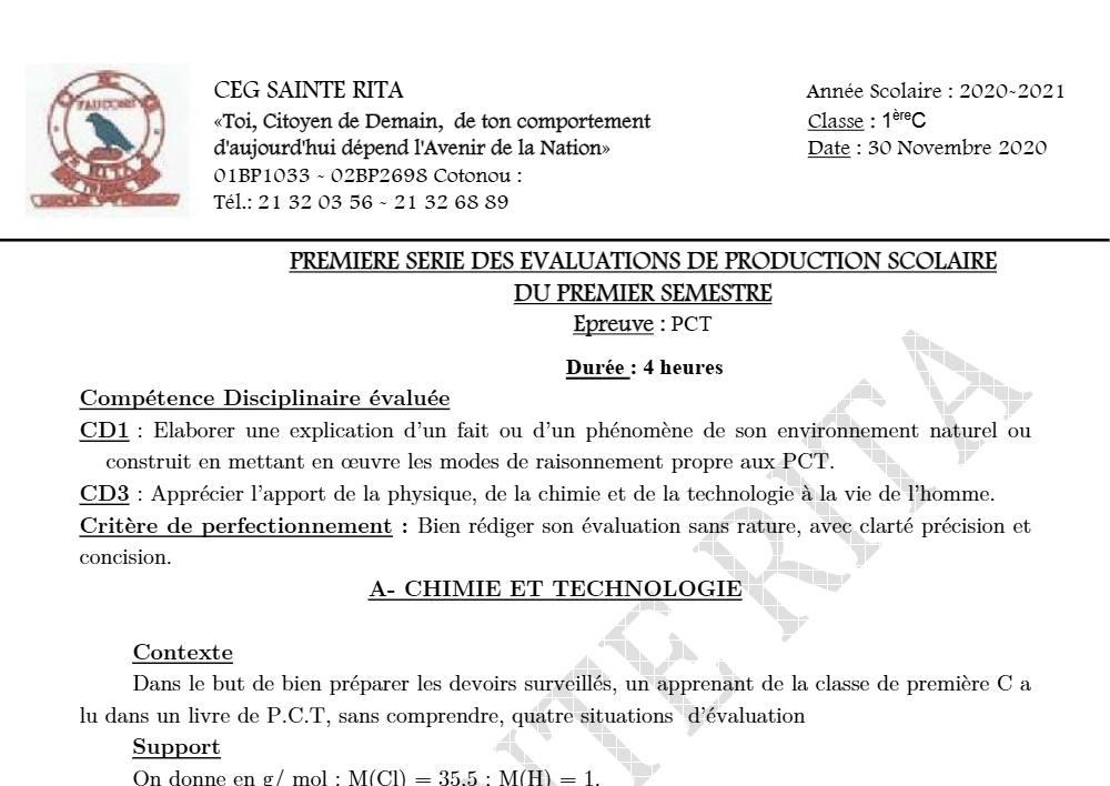 Aperçu de la première page — 1ère C Physique Chimie Technologie Devoir 1 Semestre 1 CEG Sainte Rita 2020 2021
