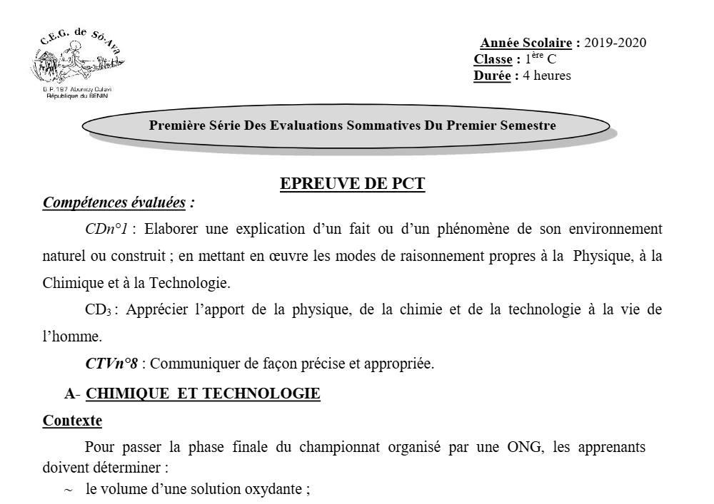 Aperçu de la première page — 1ère C Physique Chimie Technologie Devoir 1 Semestre 1 CEG So Ava 2019 2020